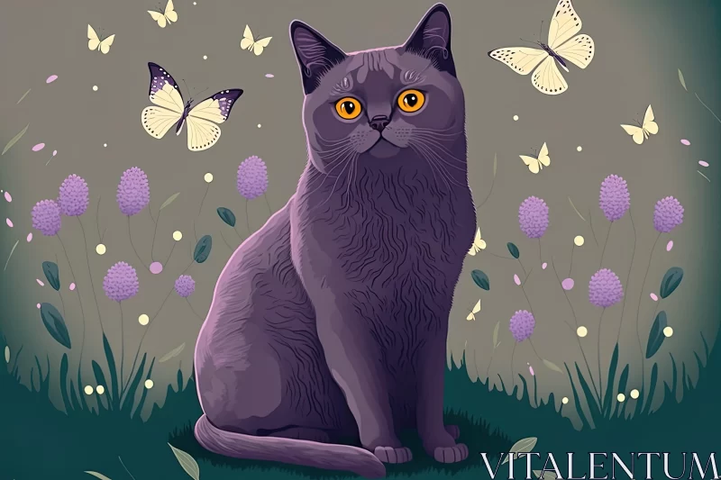 Grey Cat amidst Butterflies in Violet and Amber Tones AI Image