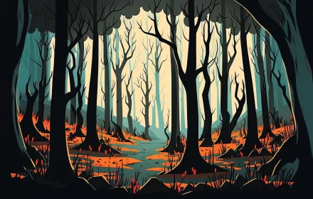 Mysterious Forest and Wildlife in Colored Cartoon Style