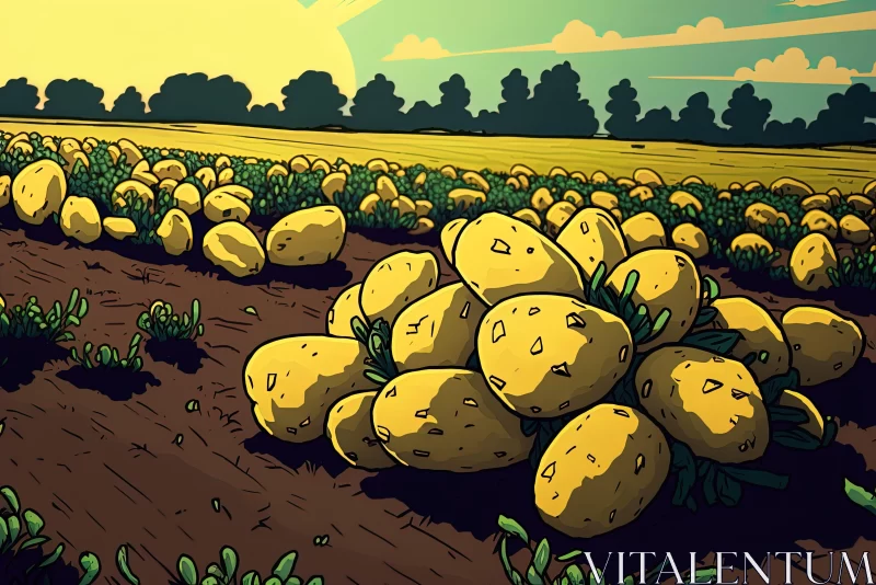 Sunlit Cartoon Potato Field - Editorial Style Illustration AI Image