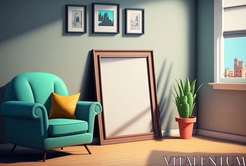 Cartoon-Realistic Room with Green Chair and Photo Frame AI Image