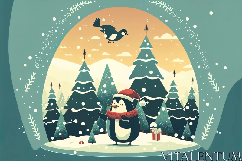 Festive Penguin in Forest Illustration AI Image