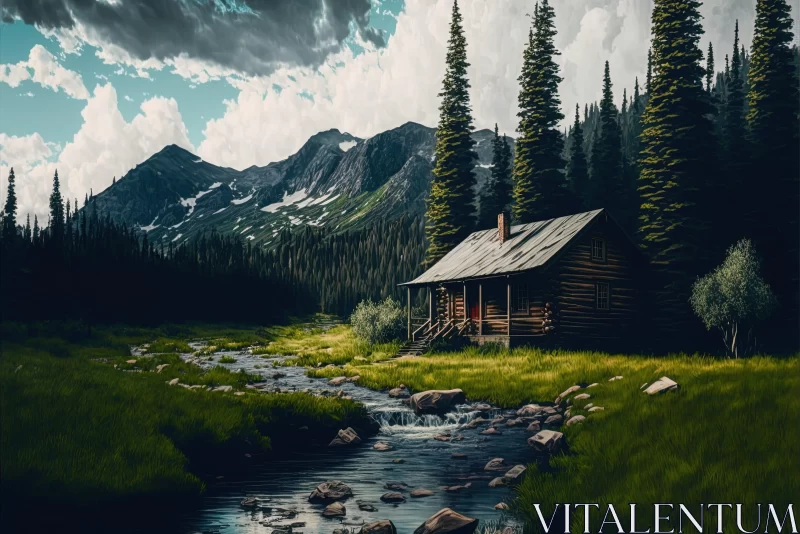 Mountain Cabin by Stream: Classic Americana Scenery AI Image