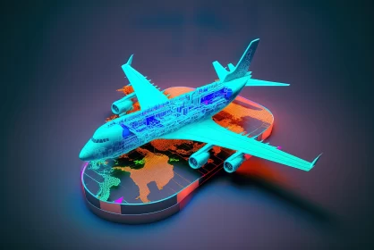 Neon Impressionism: 3D Airplane on World Map AI Image