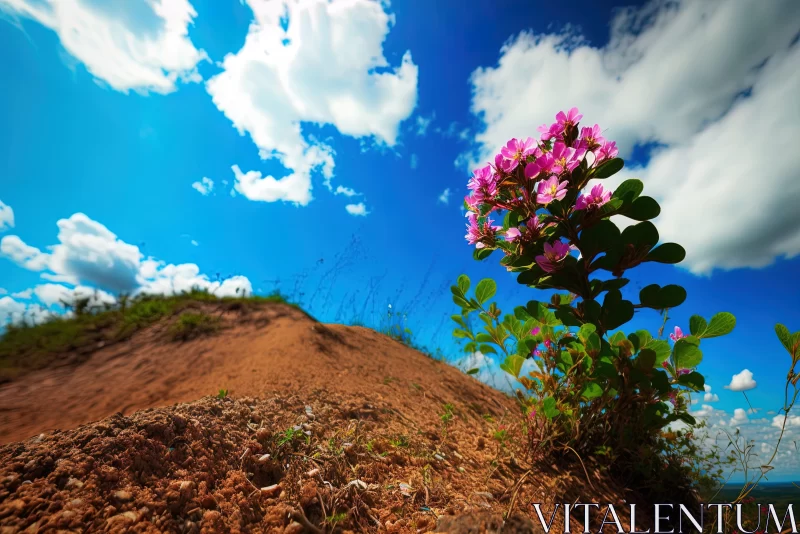 Pink Flower on a Hill: A Tropical Landscape AI Image