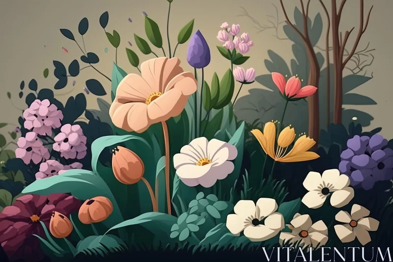 Serene Garden Illustration with Blooming Flowers AI Image