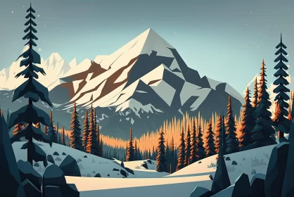 Winter Mountainscape: A Flat Color Artwork with Emphasis on Character Design