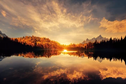 Enchanting Sunset Over Mountainous Lake Landscape AI Image