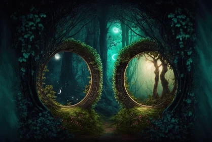 Mysterious Mirrors in Emerald Forest - Fantasy Artwork