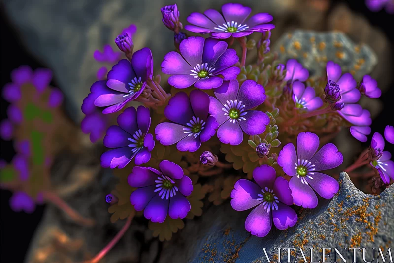 Radiant Purple Flowers Amidst Rocks - A Neon Minoan Art Interpretation AI Image