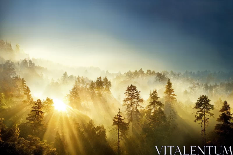 Sunlit Foggy Pine Forest: A Naturalistic Cityscape AI Image