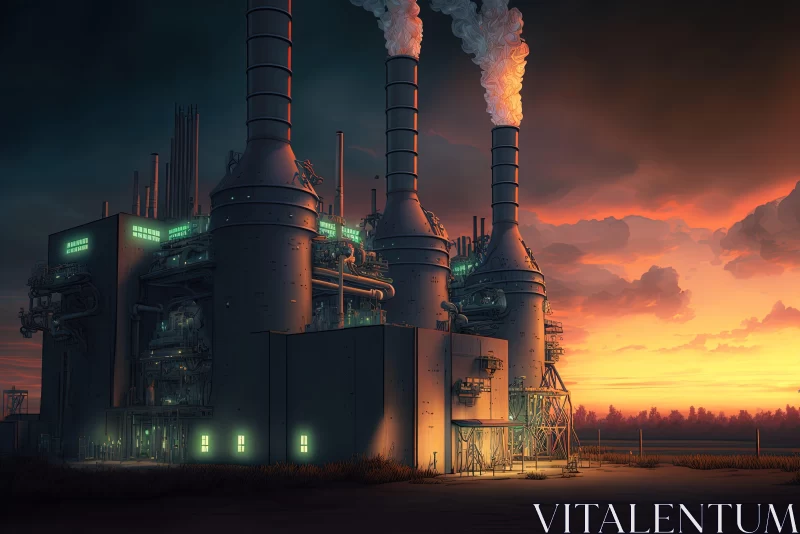 Industrial Landscape at Sunset: A Detailed Factory Illustration AI Image