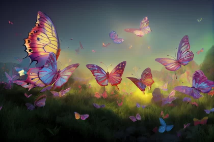 Luminescent Pastel Butterflies in Field: Concept Art AI Image