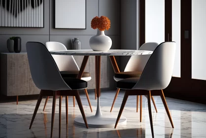 American Mid-Century Inspired Dining Room with Marble Features AI Image