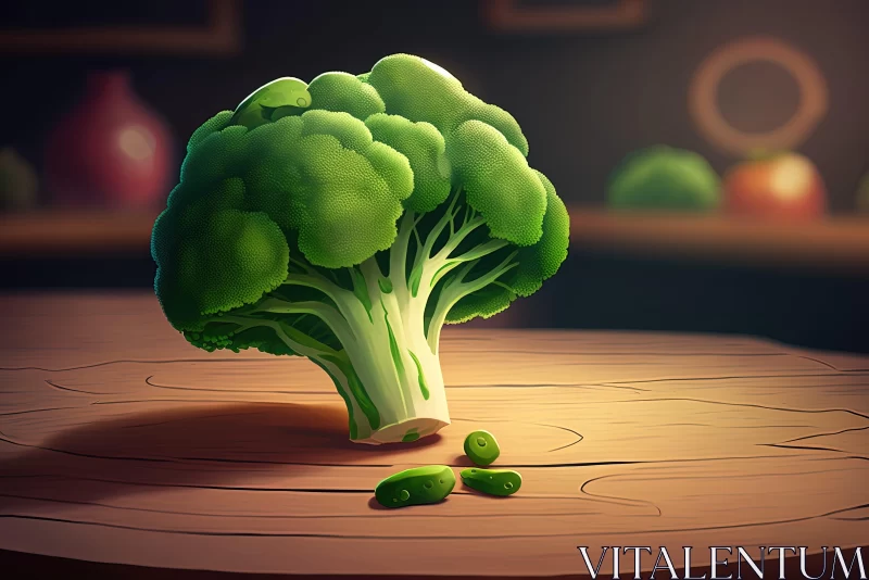 Animated Illustration of Broccoli on Wooden Table AI Image
