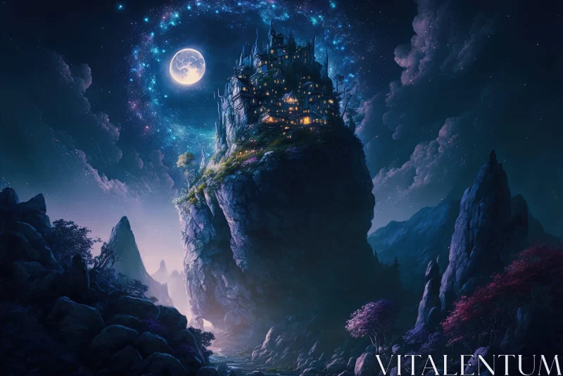 Fantasy Castle on Mountain Top under Night Sky AI Image