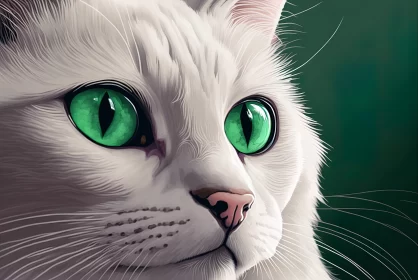 Mesmerizing White Cat with Green Eyes - Digital Art Illustration