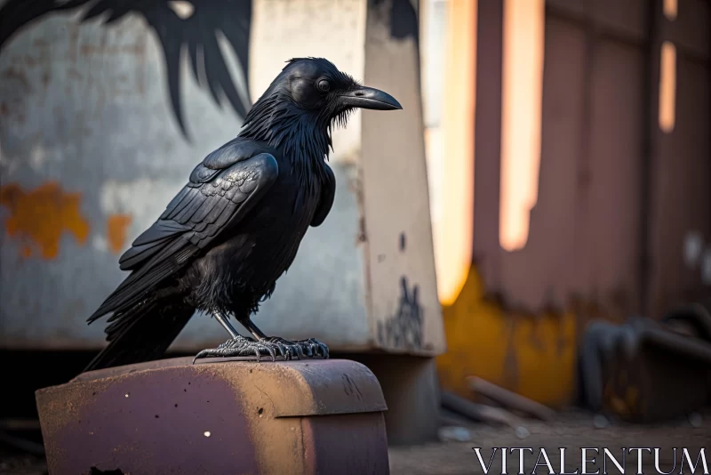 Urban Exploration Art: Black Crow in Post-Apocalyptic Setting AI Image