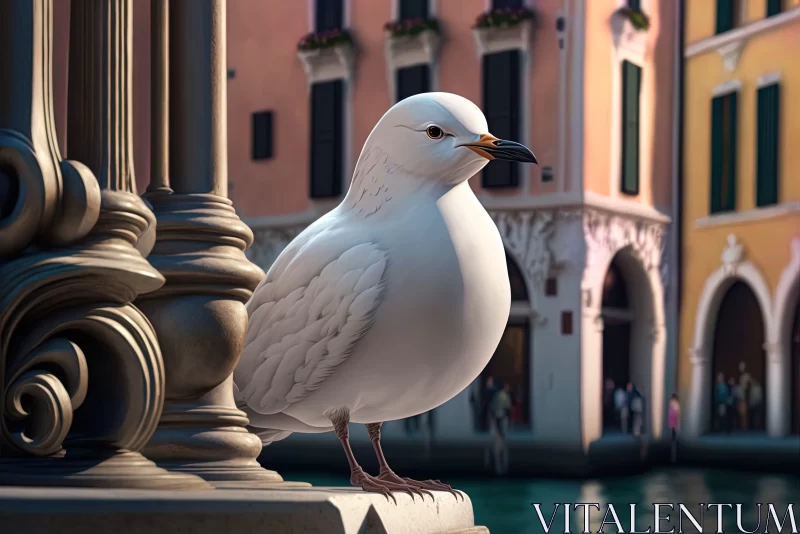 White Bird Perched on Pole in Urban Scene with Venetian Rococo Influence AI Image