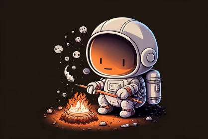 Cartoon Astronaut by a Campfire in Space - Kawaii and Mono-ha AI Image