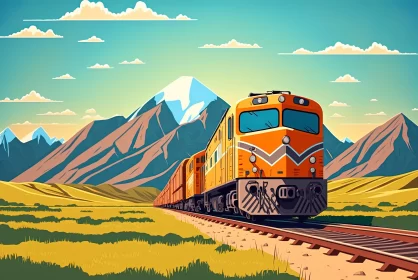 Cartoon Train Journey Against Mountain Backdrop AI Image