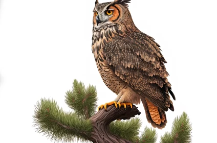 Detailed Illustration of Owl on Pine Branch