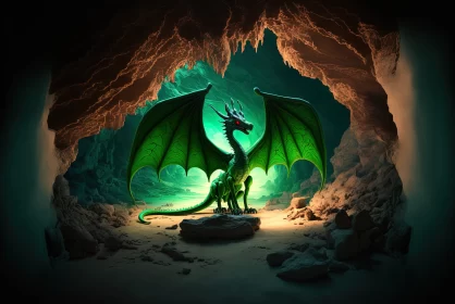 Emerald Dragon in Cave - A Masterpiece of Fantasy Art AI Image
