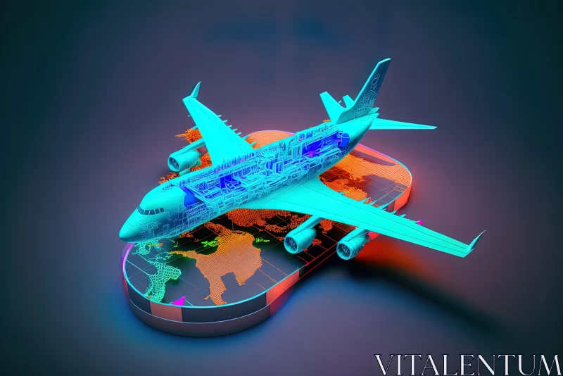AI ART Neon Impressionism: 3D Airplane on World Map