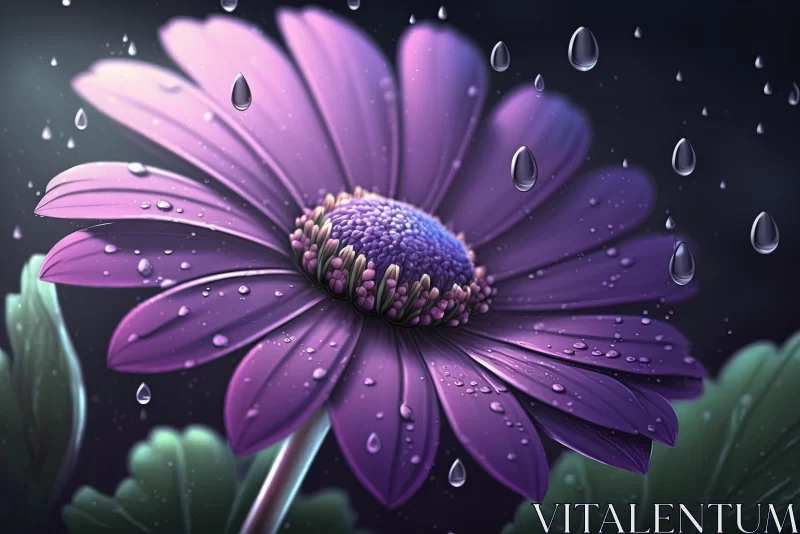 Rain-kissed Purple Flower - A Study in Contrast and Color AI Image