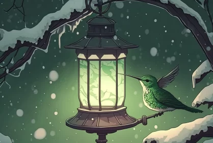 Green Hummingbird and Lantern in Snow - Cartoonish Victorian Art