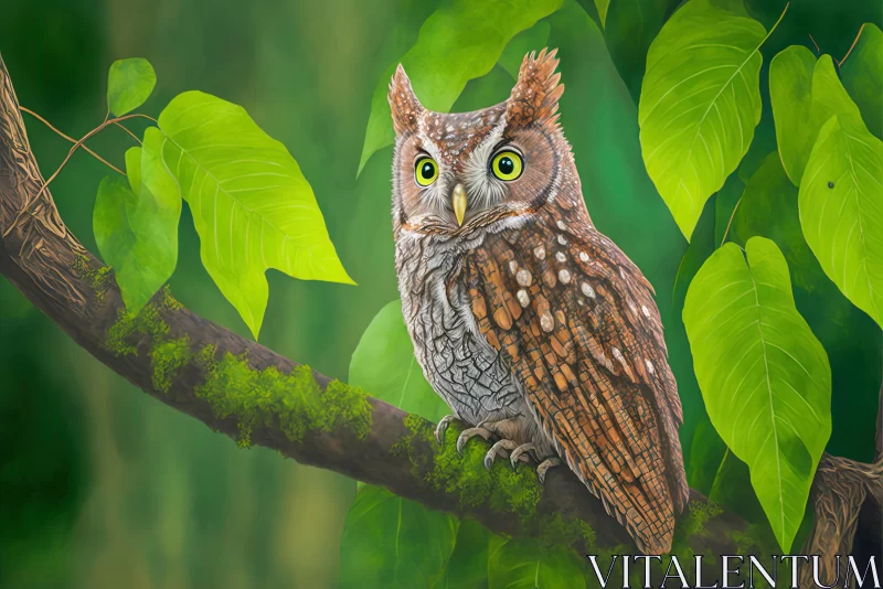 Realistic Portrait of an Owl on a Tree Branch AI Image
