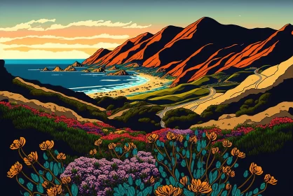 Colorful Coastal Landscape with Flowers and Mountains