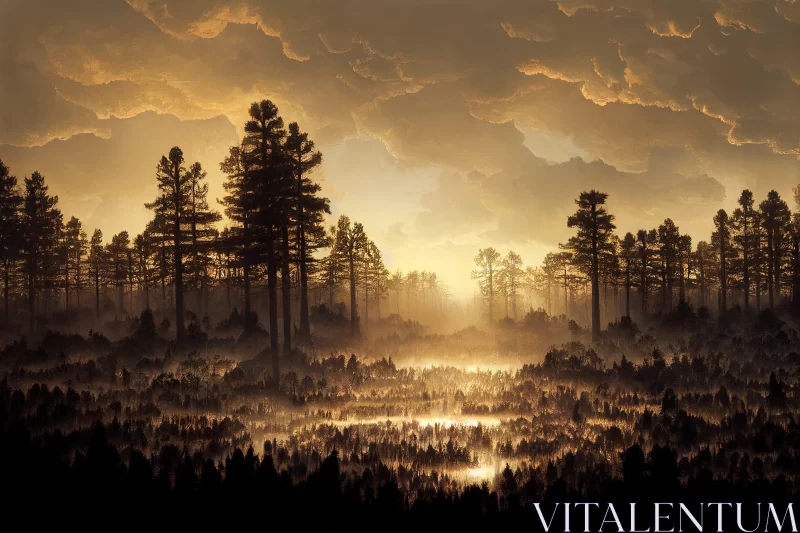 Surrealistic Fantasy: Dark and Foggy Forest Landscape AI Image