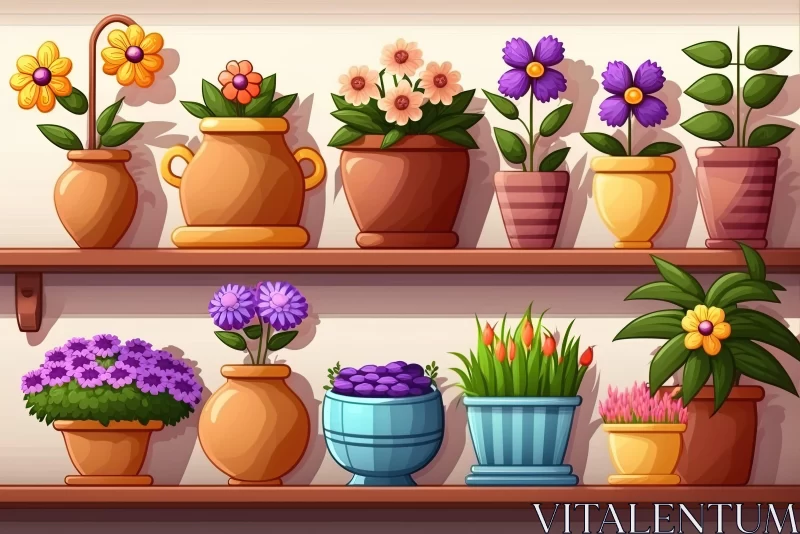 Colorful Garden Illustration with Flower-Packed Shelves AI Image