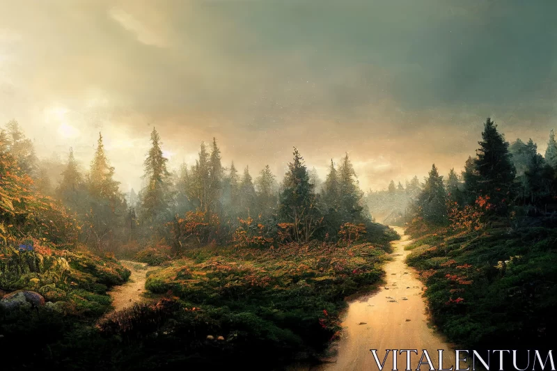 Enchanting Forest Landscape in Golden Light AI Image