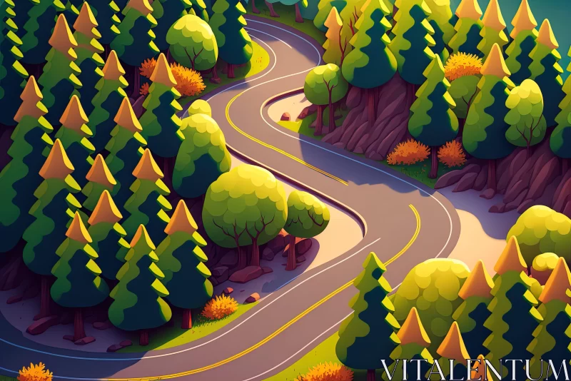 Stunning 4D Concept Illustration of a Winding Road through a Pine Forest AI Image