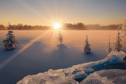 Winter Sunrise Over Frozen Lake AI Image