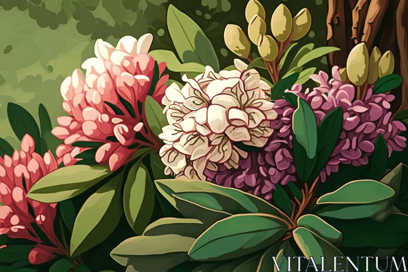 Blossoming Rhododendron in Forest Illustration AI Image