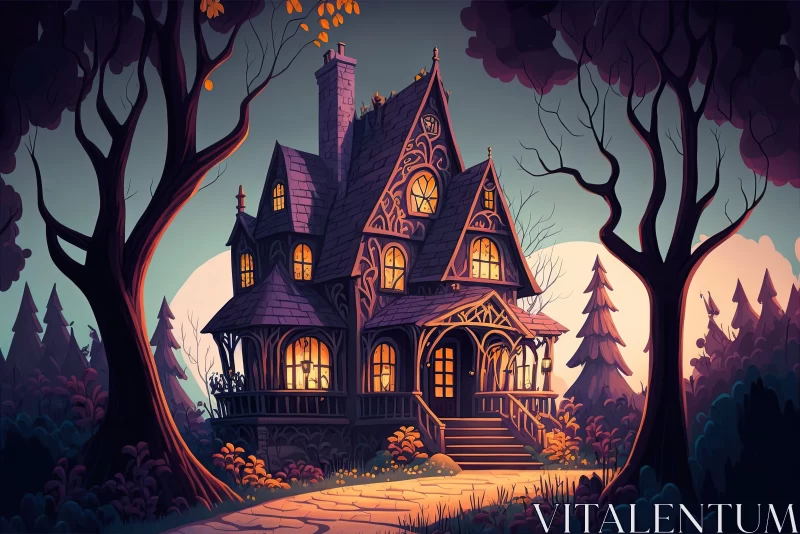 Gothic House in the Woods - Detailed Caricature Illustration AI Image