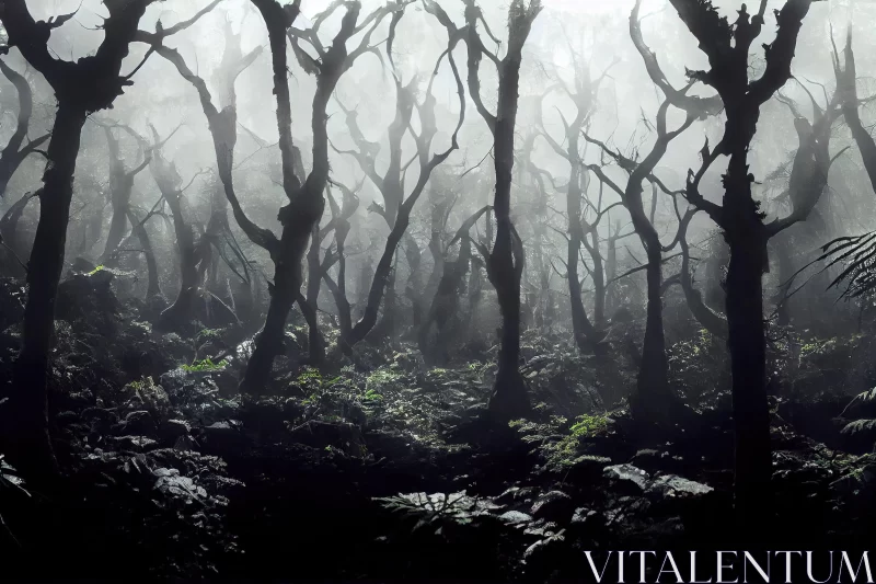 Mystical Foggy Forest with Charred Trees AI Image