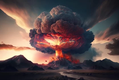 Surrealistic Atomic Explosion Over Mountain - Apocalyptic Artwork