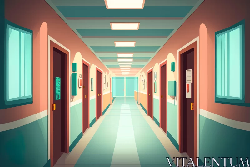 AI ART Nostalgic Hospital Corridor Illustration in Light Maroon and Teal