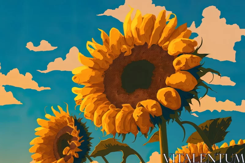 Sun-Kissed Sunflowers Under Cloudy Sky - Nostalgic Flat Illustration AI Image