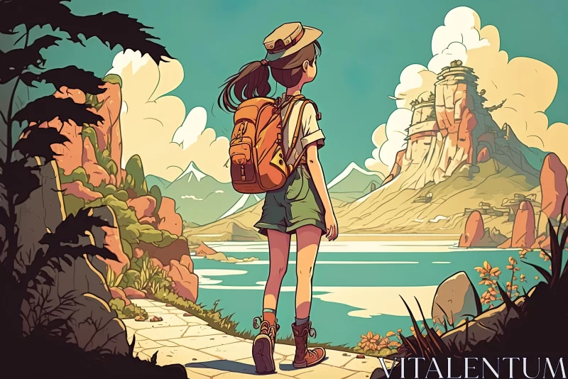 Anime Adventure - Girl with Backpack in Expansive Landscapes AI Image