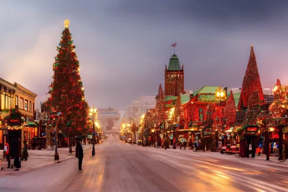 Festive City Street in Winter with Christmas Tree