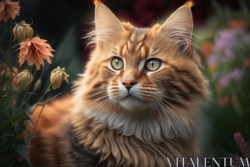 Fluffy Cat in Flower Area: Classic Portraiture and Realistic Rendering AI Image