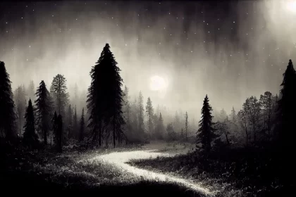 Mystical Moonlit Night Forest in Black and White Realism