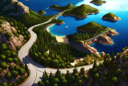 Scenic Island Landscape with Winding Roads and Majestic Mountains
