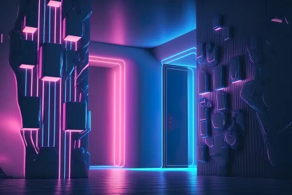 3D Art Neon Bright Room and Hallway - Bold and Playful Design AI Image