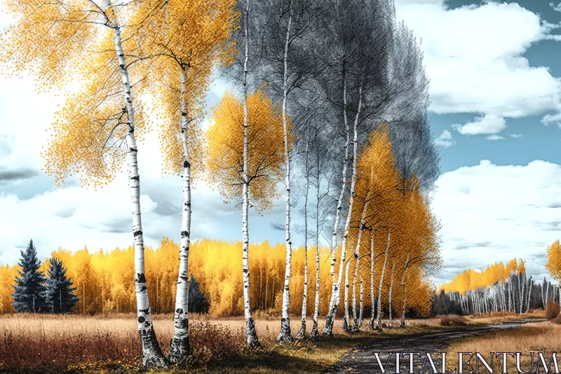 Autumn Birch Trees in Twilight - Realistic Scenery Illustration AI Image