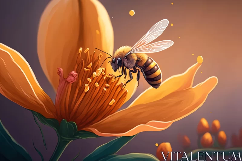 Bee on Flower Digital Art - Golden Light Illumination AI Image